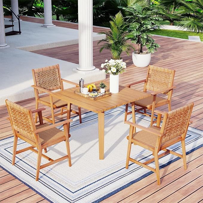 MFSTUDIO Patio Dining Chairs, Set of 2, Acacia Wood & Rattan, Natural Wood | Breathable, Supports 300 lb, For Garden