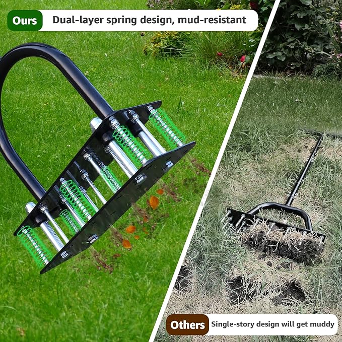 Lawn Aerator, Automatic Dirt and Leaf Clean Design, Heavy Duty Manual Lawn Aerator Tool with 15 Iron Spikes, Height Adjustable, Yard Grass Aerator for Lawn(Black with Orange)