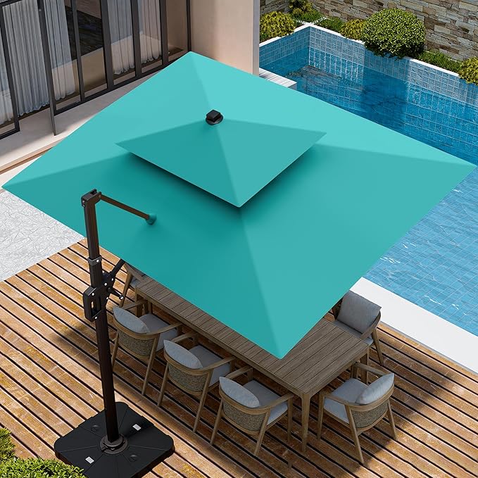 9' X 12' Cantilever Patio Umbrella with Led Lights Double Top Rectangular Outdoor Large Offset Umbrellas with 7 Tilts Adjustable 360°Rotation for Deck Pool Garden Backyard, Turquoise