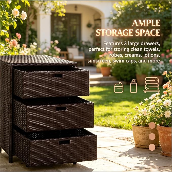 Outdoor Deck Box Storage Cabinet with 3 Drawers, Wicker Pool Towel Rack and Organizer for Patio and Garden, Water Resistant PE Rattan with Steel Frame, 23.5 x 19.8 x 32.3 Inches, Brown
