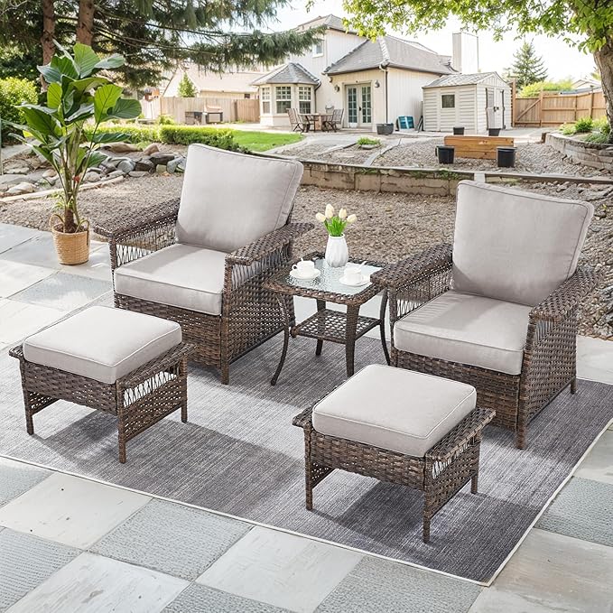 Patio Furniture Set 2 Wicker Patio Chairs with 2 Rattan Ottomans 1 Patio Wicker Side Table Brown Wicker Beige Cushions Patio Conversation Set 5pcs for Garden Balcony Backyard