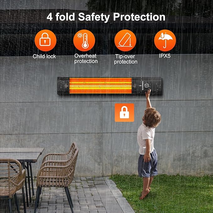 Outdoor Patio Heater with 9 Heat Levels,Wall Mounted Space Heater for Garage Backyard Room Indoor,1500W Fast Electric Infrared Heater with Remote Control,9H Timers,Waterproof,Child Lock