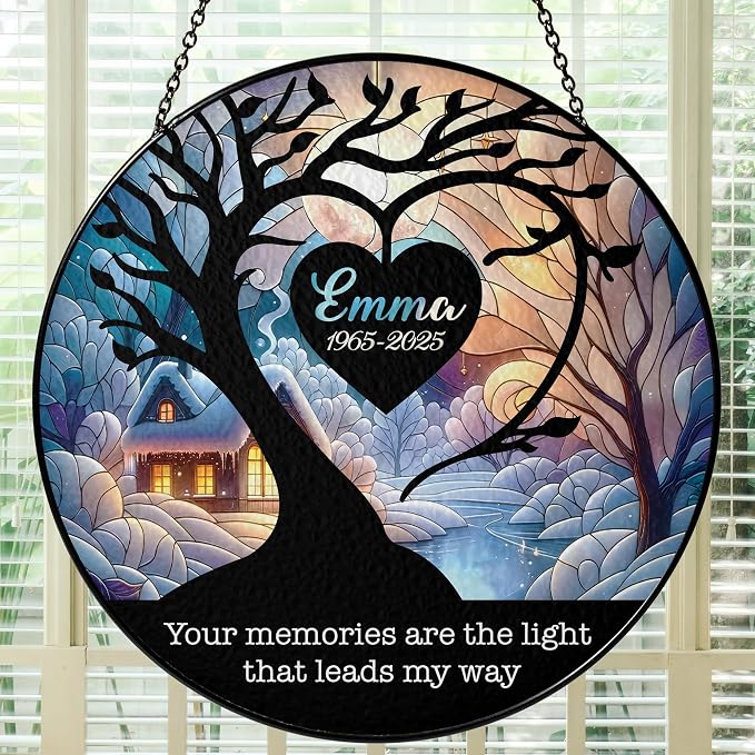 Personalized Memorial Stained Glass Suncatcher - Forever in Our Hearts Christmas Ornament - in Loving Memory Gift for Loss of Loved One - Sympathy Keepsake from Family