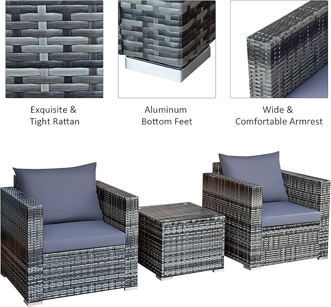 DORTALA 3 Pieces Patio Furniture Set, Outdoor Rattan Sofa Couch Set with Cushions, Tempered Glass Coffee Table, Wicker Patio Conversation Set for Lawn Backyard Poolside Balcony, Grey