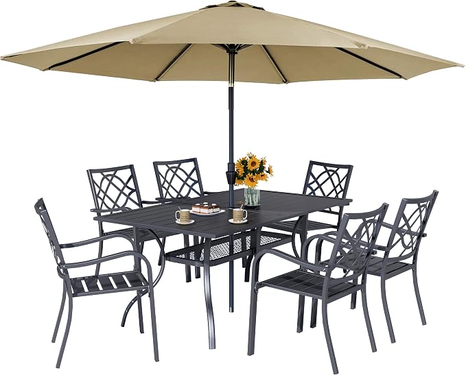 Crownland 7 PCS Furniture Patio Dining Set, 6 Stackable Metal Chairs, and Rectangular Outdoor Dining Table with Khaki 9FT Round Outdoor Umbrella (Metal Tabletop)