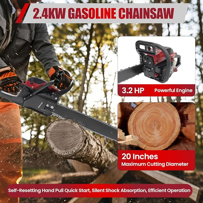 58CC 2-Cycle Gas Powered Chainsaw, 20-Inch Top Handle Chain Saw with Hand-Pull Start, Professional Wood Cutting Tools, Effectively Reduce Noise and Vibration