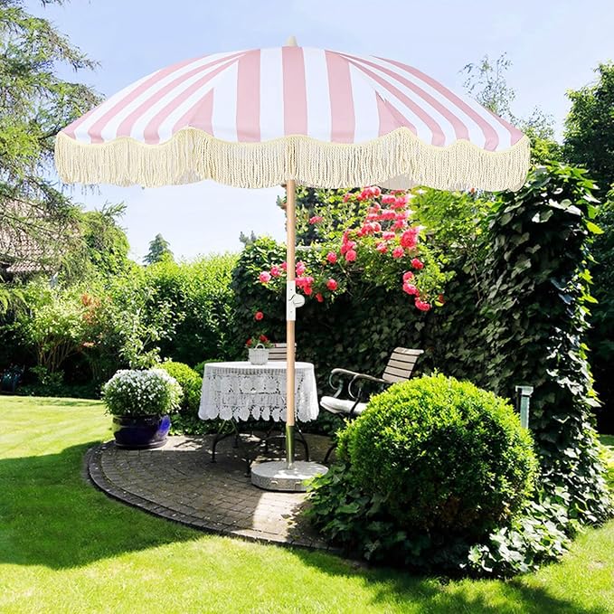 6ft Outdoor Boho Umbrella With Tassels Pink And White Striped Patio Umbrella UPF 50+ Protection Beach Umbrellas For Sand 8 Ribs Fringe Umbrella With Tilt Market Table Umbrella for Pool Backyard
