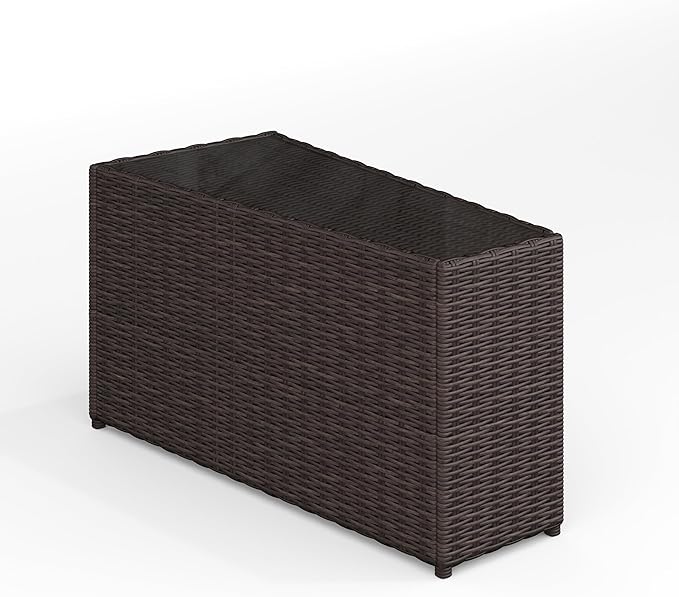 Martha Stewart Bedford Indoor-Outdoor Tapered Patio Side Table with Inset Tempered Glass Top and Rattan Wicker Finish in Brown