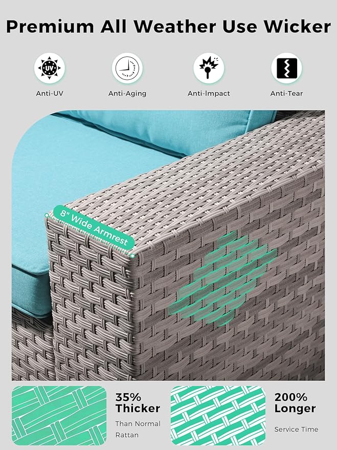 12 Piece Outdoor Wicker Rattan Sectional Sofa Set, 10-Seats Patio Furniture Conversation Set with 4" Thickened Cushions & Coffee Table, All-Weather PE Rattan for Garden, Backyard, Porch, Turquoise