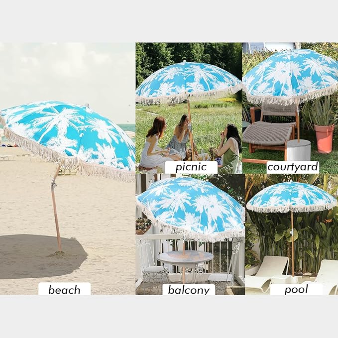 6.5Ft Boho Beach Umbrella with Fringe, Tassel Umbrellas with Tilting Wood Pole & Carrying Bag, UPF 50+ for Beach