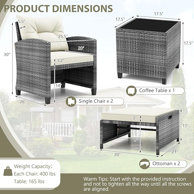 ORALNER 5 Pieces Patio Furniture Set with Ottoman, Wicker Conversation Set w/Cushions, Glass Coffee Table, Outdoor Lounger Rattan Chairs Bistro Set for Porch Balcony Garden Deck Poolside (White)