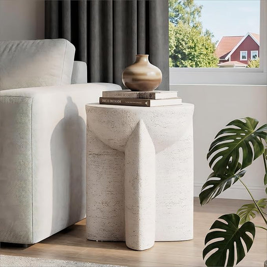 HOMPUS Outdoor Side Table Round, Lightweight Concrete End Table w Corss Base, Patio Accent MgO Coffee Table, Stone Garden Tool for Patio, Porch and Deck, Antique Beige