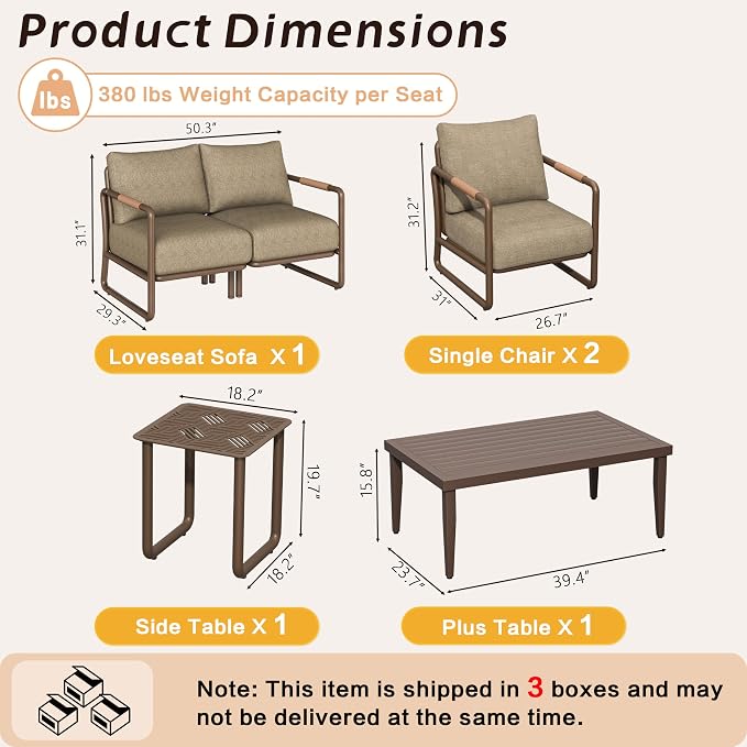 4-Piece Aluminum Patio Conversation Set, Modern Outdoor Sofa with Coffee Table, 6.5" Thick Cushions & All-Weather Rust-Resistant Frame, for Backyard, Poolside, Porch (White)