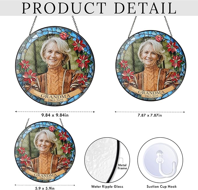 Personalized Memorial Photo Suncatcher – “Forever in Our Hearts” Christmas Ornament – in Loving Memory Gift for Mom or Grandma from Family – Custom Remembrance Window Keepsake
