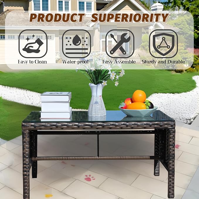 Outdoor Rattan Patio Side Tables, Wicker Table with Clear Tempered Glass Top, Patio End Tables with Storage Shelf, Outdoor Small Tables for Patio,Porch,Balcony,Backyard (Brown, 30.75 Inch)