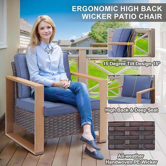 Belord Full 4 Pieces Patio Furniture Set with 41” Propane Fire Pit Table, Outdoor Conversation Set with Patio Chairs Set of 2 and Rattan Sofa for Deck Backyard