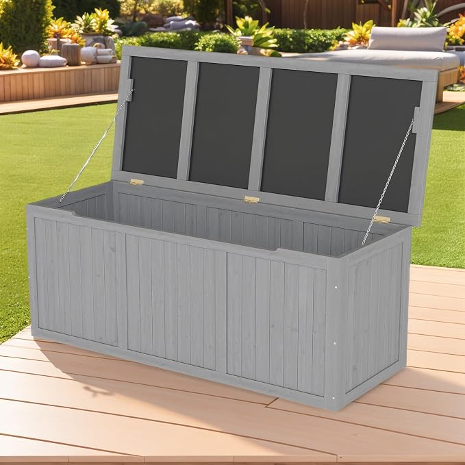 112 Gallon Outdoor Wooden Deck Box Solid Wood Storage Box Seat Table Top for Patio Furniture Cushions, Pool Toys Garden Tools