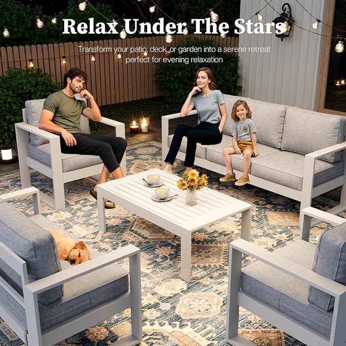 5 Piece Modern Aluminum Patio Furniture Set, Outdoor Patio Sectional Conversation Metal Seating Sets with Olefin Cushion and Coffee Table