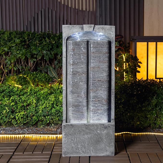 Outdoor Water Fountain 39 Inch Resin Garden Waterfall Fountain Freestanding Water Feature with LED Light for Patio Backyard Courtyard Lawn Relaxing Water Décor