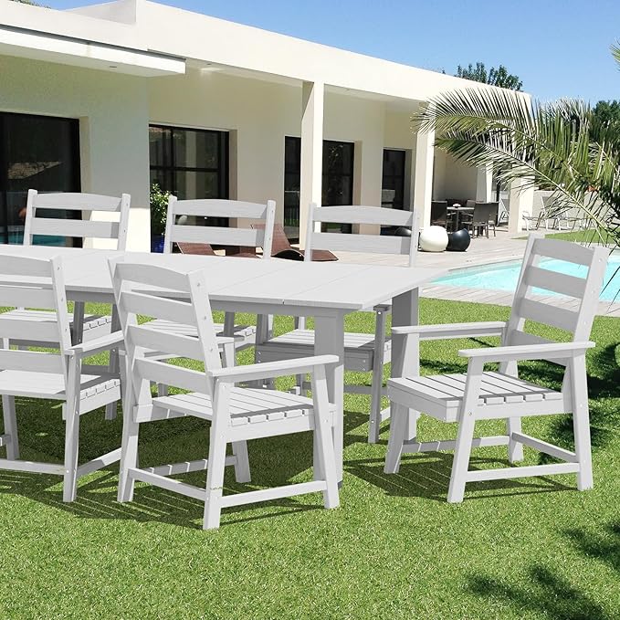 LOUNZY 7 Pieces Patio Dining Sets, 75.2'' Table Outdoor HDPE Furniture Set w/ 2" Hole Cut-Out Dining Table with 6 Patio Chairs for Lawn, Pool and Yard,White