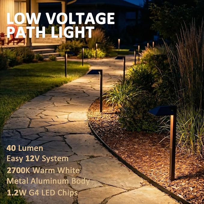 Low Voltage Pathway Lights 8PK Outdoor Landscape Lighting 1.2W 40 Lumen 2700K 12V AC Path Lights with Replacement Bulb Wire Connector Spike Stake for Garden Yard Driveway Lawn