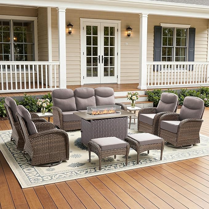 10-Piece Luxury Patio Furniture Set with 42.5" Fire Pit Table, Outdoor Wicker Sofa Couch & Swivel Rocker Chairs with 6-inch Thick Cushion, Conversation Set for Poolside, Deck & Yard - Gray