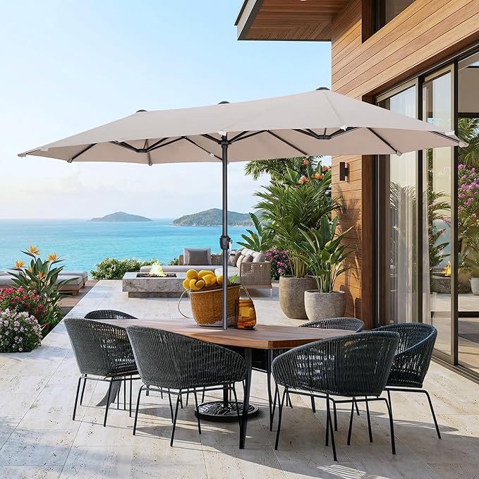 15ft Large Patio Umbrellas with Base Included, Outdoor Double-Sided Rectangle Market Umbrella with Stand, Outside Umbrellas for Poolside Lawn Backyard