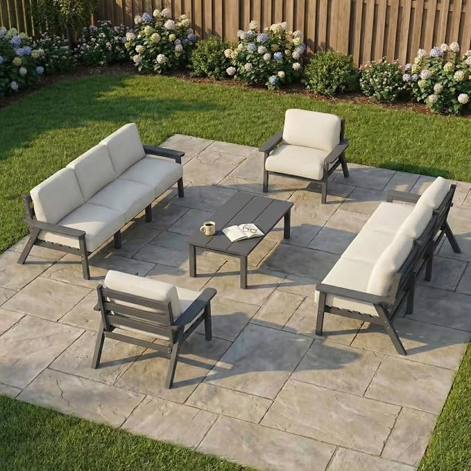 Kingdura HDPE Patio Furniture Set, 9 Piece Outdoor Sectional Sofa with Coffee Table, All Weather Outdoor Couch Conversation Set with Washable Cushions for Backyard Poolside Balcony