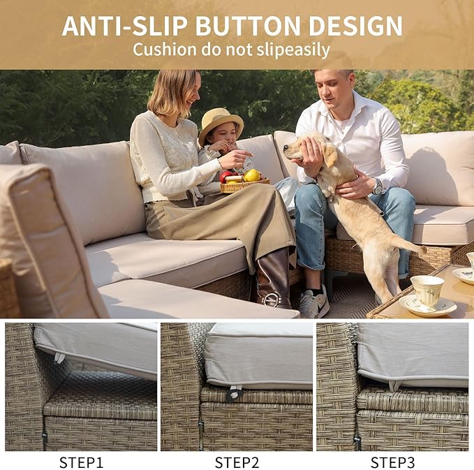 Jing's Villa 7-Piece Outdoor Patio Furniture Set, All-Weather Wicker Sectional Sofa with Coffee Table & Thick Anti-Slip Cushions for Backyard,Lounge,Garden,Deck, Beige
