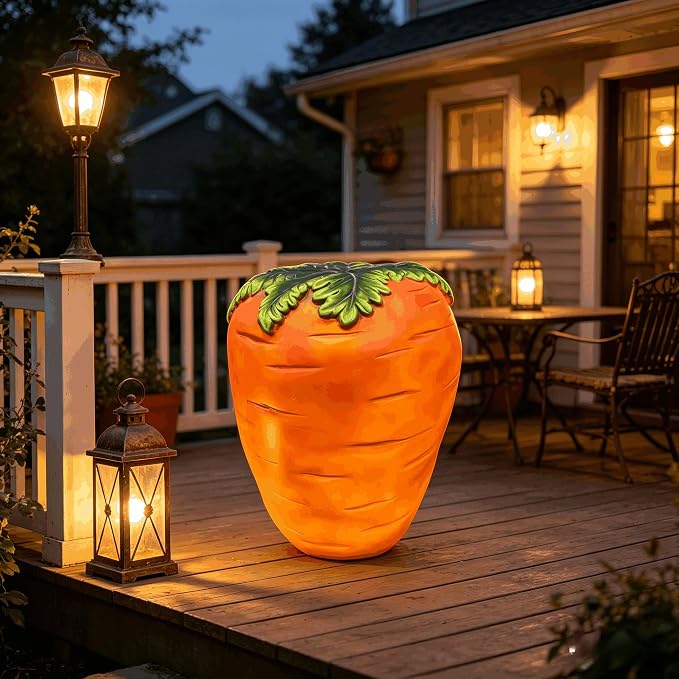 16" Orange Carrot Resin Garden Stool, Multifunctional Outdoor Side Table & Plant Stand, Weatherproof Decorative Sculpture, Funny Unique Gift for Patio Yard Lawn & Housewarming