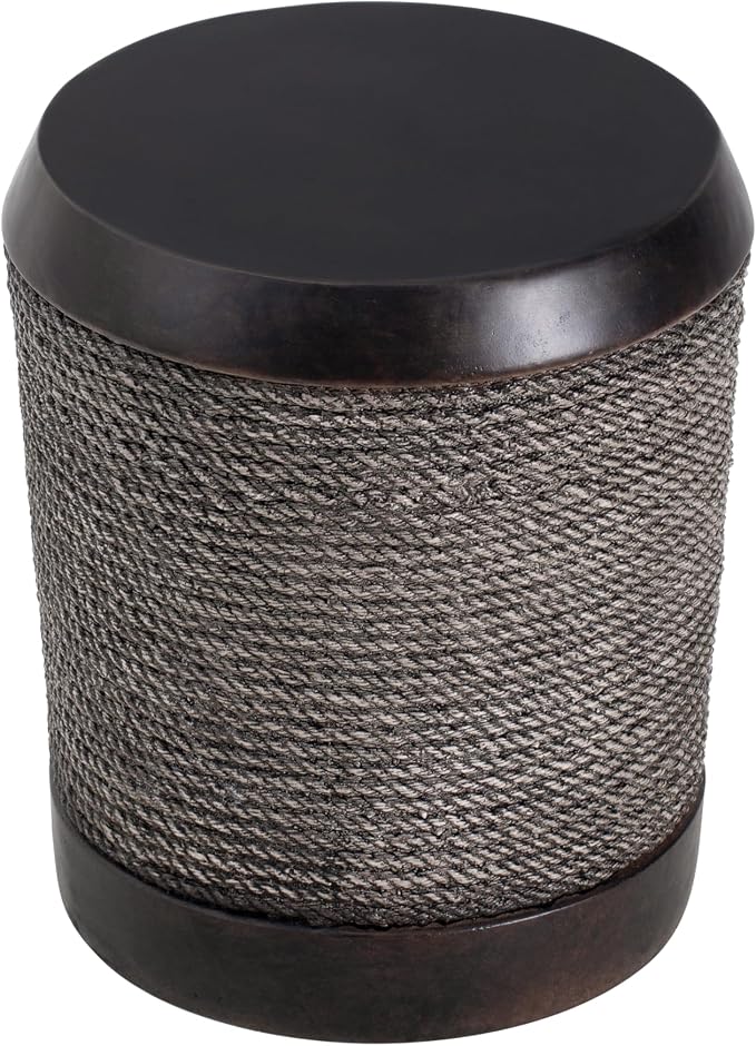 IRONORA Dark Rope-Wrapped Cylindrical Outdoor Side Table, Round Accent Table with Metal Top, Rustic Patio End Table for Backyard Garden Balcony