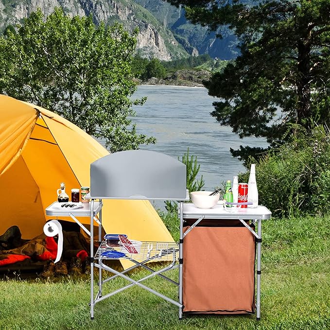 Goplus Camping Kitchen Table, Portable Outdoor Cooking Table with Storage, 26'' Tabletop, Detachable Windscreen, Camp Cook Station, Folding Grill Table for Tailgating BBQ Picnic Backyard Beach RV