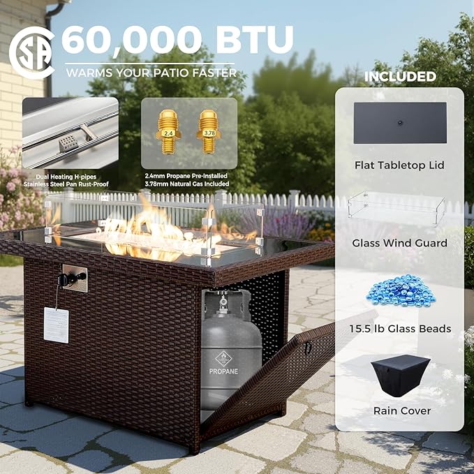 BULEXYARD 11 Piece High Back Outdoor Furniture Set with Firepit, Cozy Patio Conversation Set with Ottoman Modular, Extra Wide Deep 10-Seats Sectional Couch Sofa for Yard, Brown Rattan & Beige Cushion