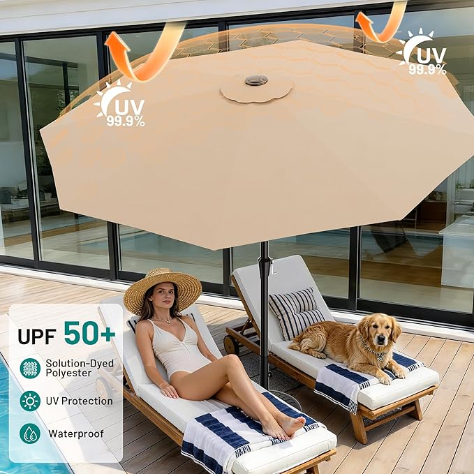 AreShark 10 FT Outdoor Patio Umbrella, Patio Table Umbrella with Push Button Tilt and Crank, Outdoor Patio Umbrellas with 8 Fiberglass Ribs, Patio Umbrellas for Market, Garden, Pool (Beige)