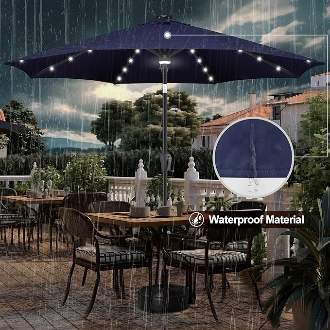 FLAME&SHADE 11 FT Solar Light Patio Umbrella, 40 LED lights outdoor umbrella with Centre Surround Light, Table Market Umbrella for Deck, Pool, Porch, Backyard, Garden, UV Protection, Navy Blue