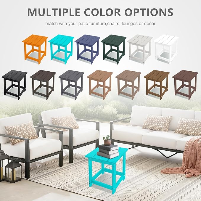 LZRS Patio End Table, Heavy Duty HDPE Outdoor Coffee Table with Wood Texture, Weatherproof Composite Table for Adirondack Chairs, Deck, Pool, Indoor/Outdoor, No Peeling or Cracking(Turquoise)