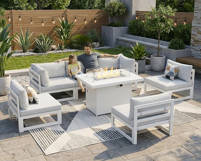 NICESOUL 7 Piece White Powder-Coated Aluminum Patio Furniture with Fire Pit Table, 29 Inch Extra Wide Outdoor Sectional Sofa for 6, High-End Heavy Duty L-Shaped Large Couch for Backyard, Light Gray