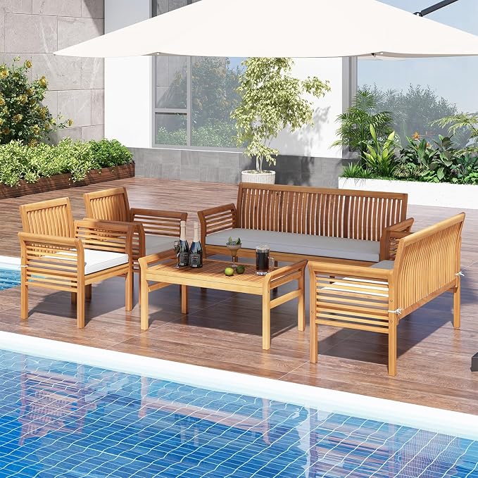 RELAX4LIFE 5-Piece Patio Furniture Set - Acacia Wood Sofa Set w/3-Person Bench, Loveseat, 2 Chairs, Coffee Table & Cushions, Balcony Furniture for Garden Poolside Yard Porch, Outdoor Conversation Set
