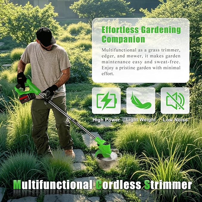 21V Electric Weed Wacker Cordless String Trimmer Battery Powered Grass Trimmer with 90° Adjustable Head 2 X 2.0Ah Battery and Charger Lightweight Brush Cutter Edger Lawn for Garden Yard,Green
