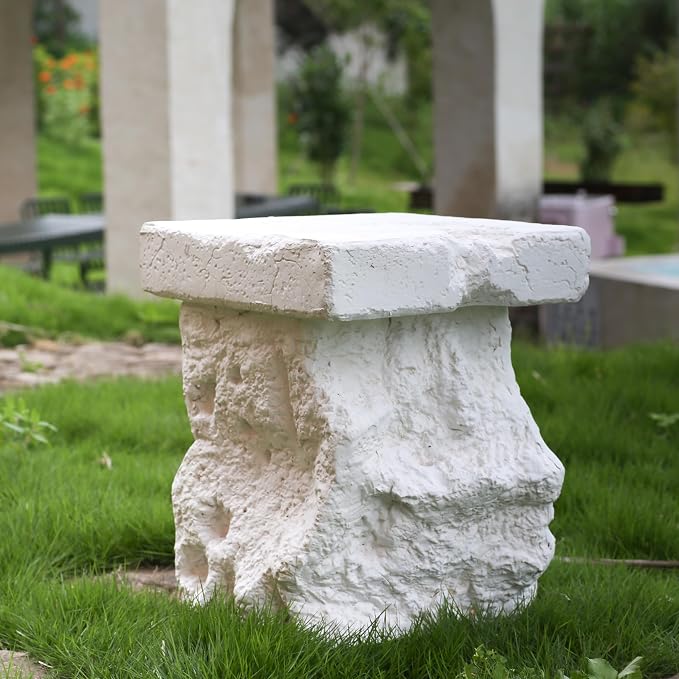 Christopher Knight Home Nataly 18.75" H Small Outdoor Side Table, Carved Garden Stool with Stone Block Shape, Lightweight Concrete End Table, Patio Decorative Home Stool for Balcony Backyard, White
