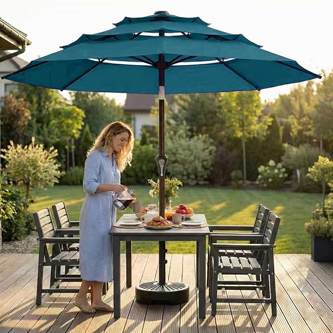 10ft 3-Tier Patio Umbrella with 32 Solar Powered LED Lights, Windproof Outdoor Market Umbrella for Deck, Poolside & Garden, Sturdy Push-Button Tilt Table Umbrella, Lake Blue