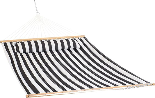 Sunnydaze Quilted Double Hammock for Outside with Spreader Bars and Pillow - 450 lb Capacity, 74x55 Inch Bed, UV Resistant, Quick Dry - Chains Included, Stand Sold Separately - Black & White
