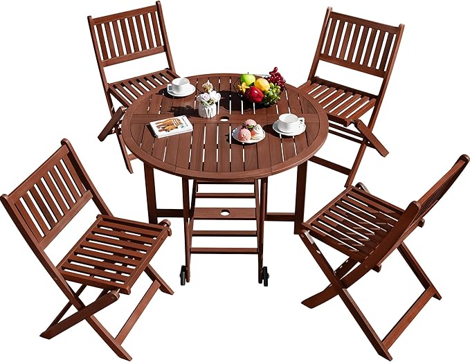 Greesum 5 Piece Patio Dining Set Outdoor Acacia Wood Furniture All-Weather Folding Round Table and Chairs for Backyard, Balcony, Porch, Deck, Garden, Dark Brown