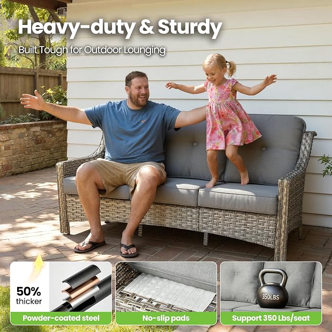 6 Piece Patio Furniture Set with Fire Pit Table, Outdoor Wicker High Back Sofa Chairs Ottoman with Comfy Cushions, Modern Conversation Sets for Backyard Deck Garden Poolside, Dark Gray