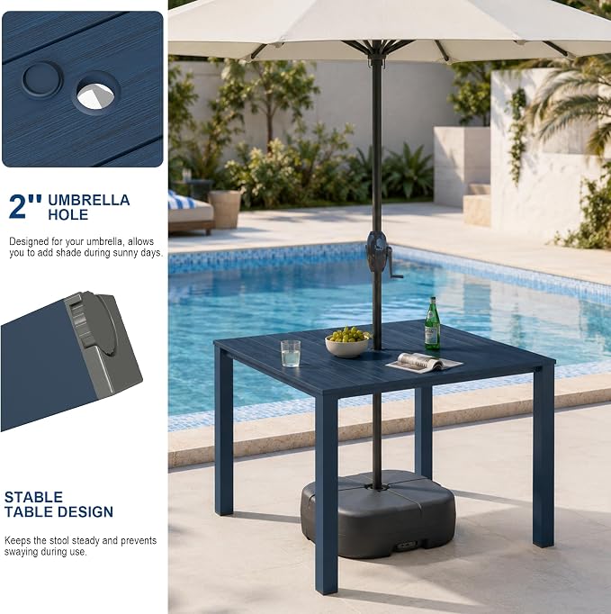 Domi HDPE Outdoor Dining Set, All-Weather Outdoor Dining Table Set of 3 with 2" Umbrella Hole, Outdoor Patio Dining Set for Garden, Poolside, Backyard, Deck, Blue