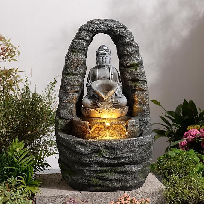 27" Outdoor Buddha Fountain with LED Lights, Zen Water Fountain Outdoor for Garden Patio Deck, 3-Tier Cascading Waterfall Fountain with Warm 3000K Glow & Pebbles, Faux Stone Resin Decor