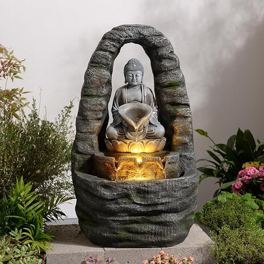 27" Outdoor Buddha Fountain with LED Lights, Zen Water Fountain Outdoor for Garden Patio Deck, 3-Tier Cascading Waterfall Fountain with Warm 3000K Glow & Pebbles, Faux Stone Resin Decor