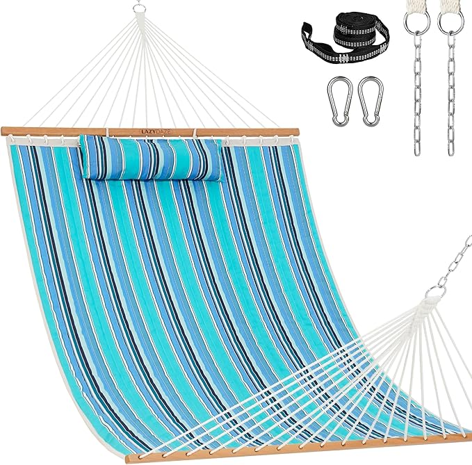 Lazy Daze Hammocks 12 FT Sunbrella Fabric Quilted Hammock Double Sunbrella Quilted Hammock with Spreader Bars & Pillow, All Weather and Fade Resistant for Outdoor, 450 lbs Capacity, Dolce Oasis