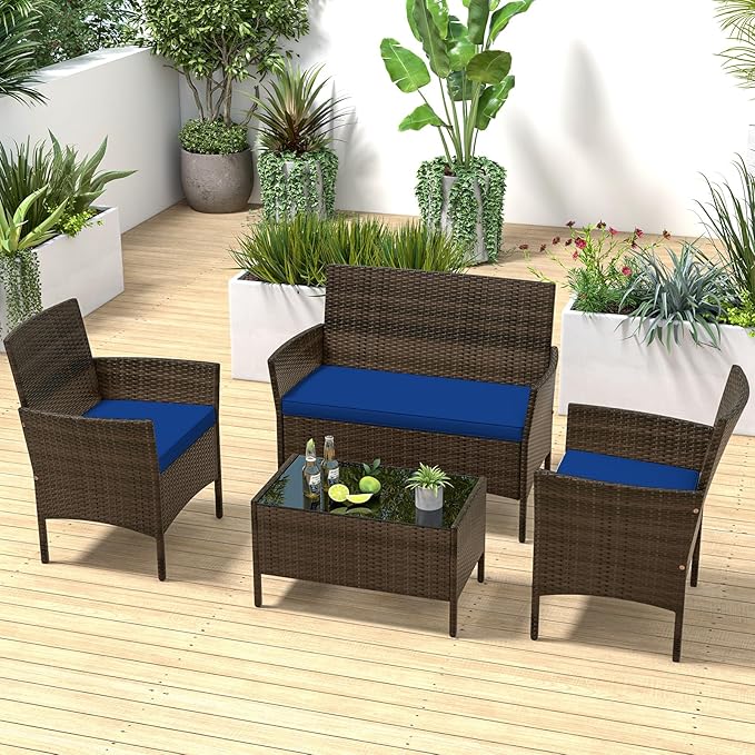 RELAX4LIFE 4-Piece Patio Furniture Set - Rattan Outdoor Conversation Bistro Set w/Cushions, Glass Coffee Table, Wicker Chairs & Loveseat for Garden Backyard Porch, Balcony Furniture Set (1, Navy)