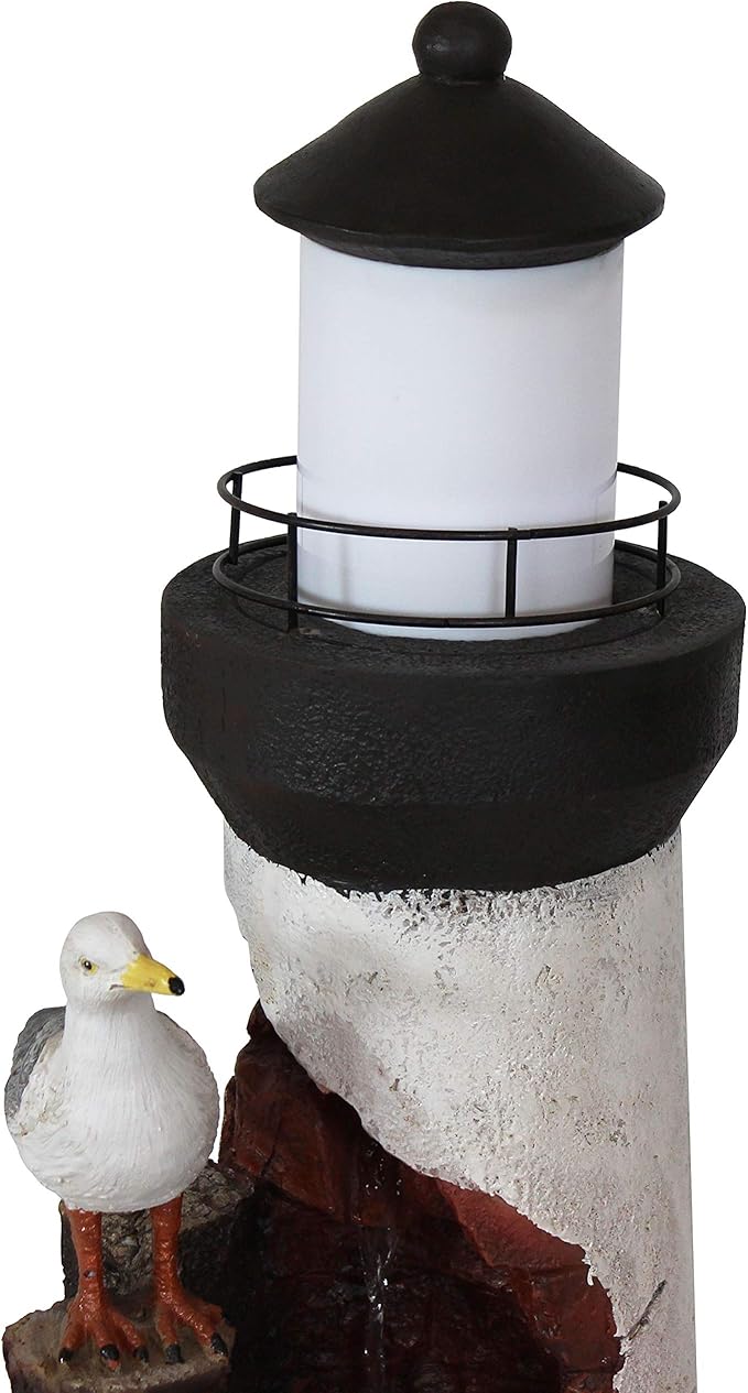Sunnydaze 36-Inch Gull's Cove Outdoor Lighthouse Water Fountain with LED Light - Polyresin Decorative Water Feature